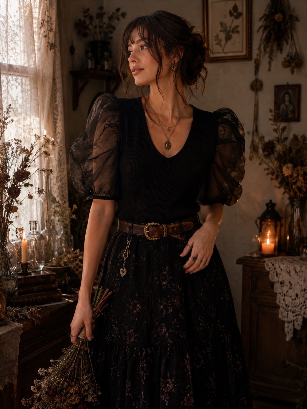 OCCASION Black Ribbed Organza Puff Sleeve Whimsigoth Dark Fairy Top Size M